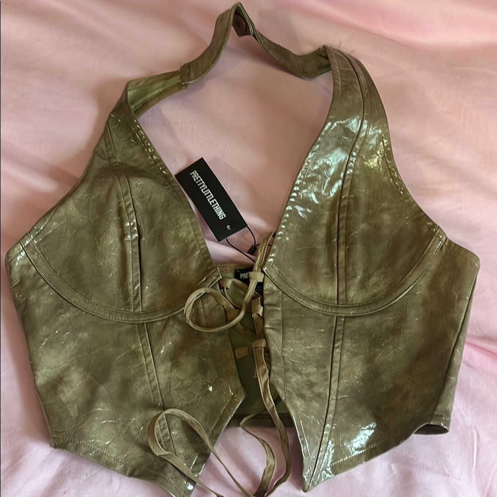 PrettyLittleThing Acid Tan Brown Beige Rave Halter Tie Top New Tag Going Out